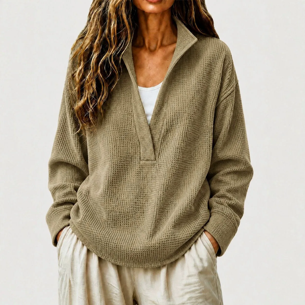 Women Waffle Knit Henley Pullover Hoodie Lapel Collar Half V Neck Long Sleeve Casual Hoodie Daily Outdoor Vacation Sweatshirt