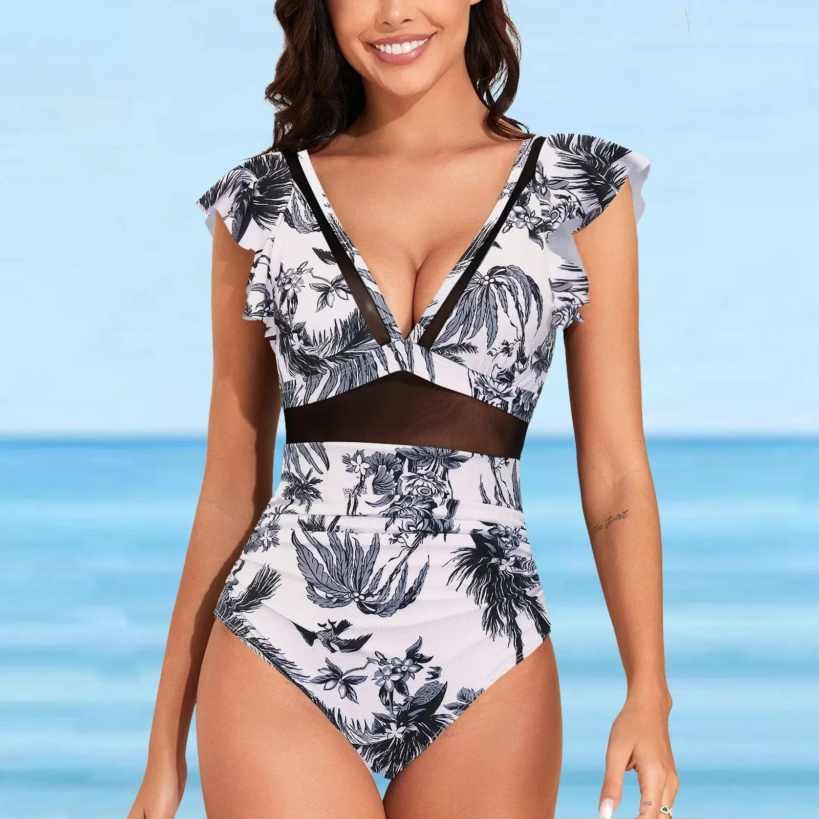 Women Sport Shirred Tank Bikini Swimsuit Sexy Deep V-Neck Waist Mesh One-Piece Swimsuit Outfit For Summer trajes de baño mujer