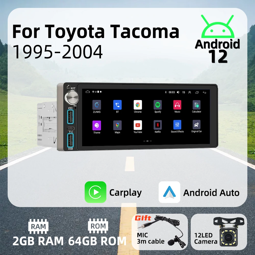 

Беспроводной Carplay авторадио 6,86 "1Din радио Android автомобильный мультимедиа для Toyota Tacoma 1995-2004 стерео головное устройство GPS-навигация