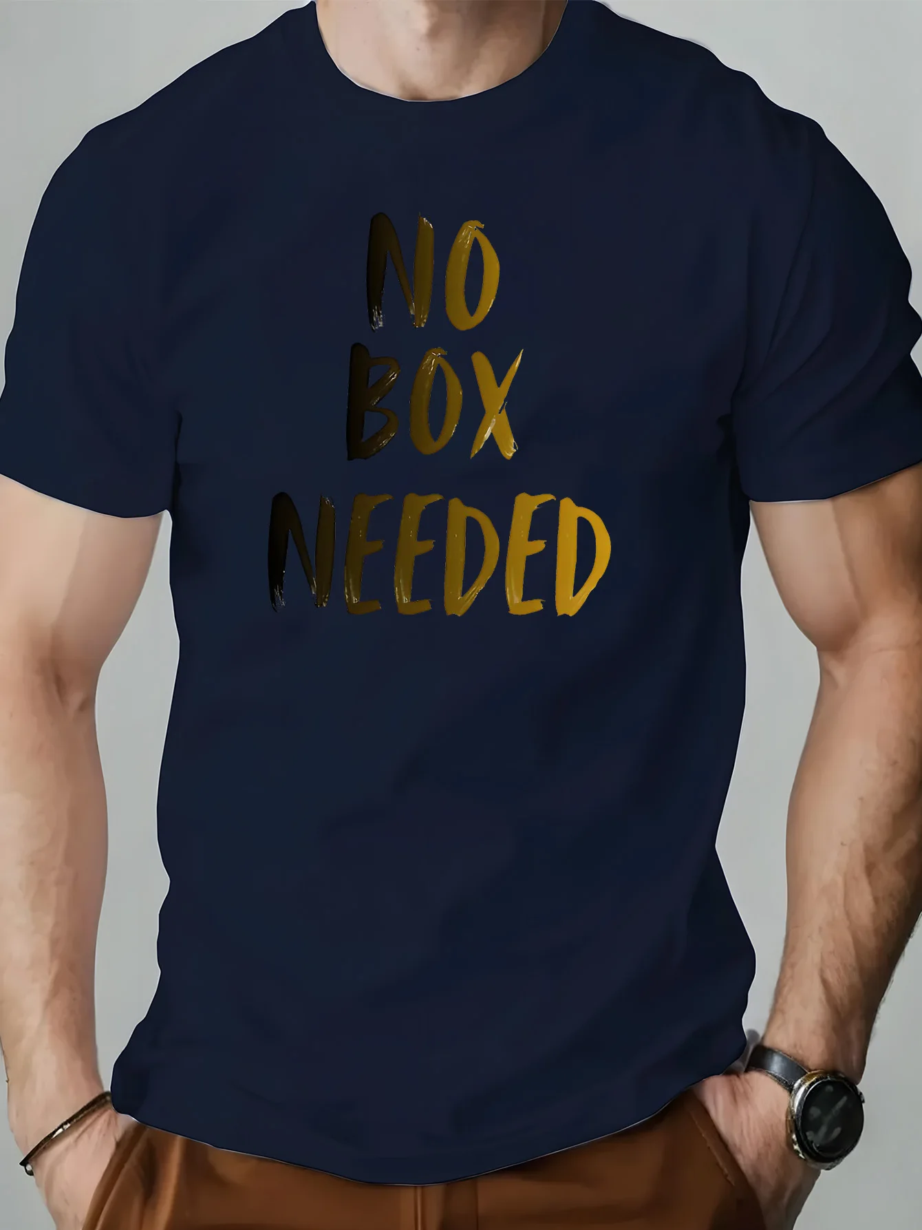 Male White Round Neck T Shirt Vertical Stacked No Box Needed Distressed Gradient Brush Font Humorous Daily Wear Light Cotton Tee