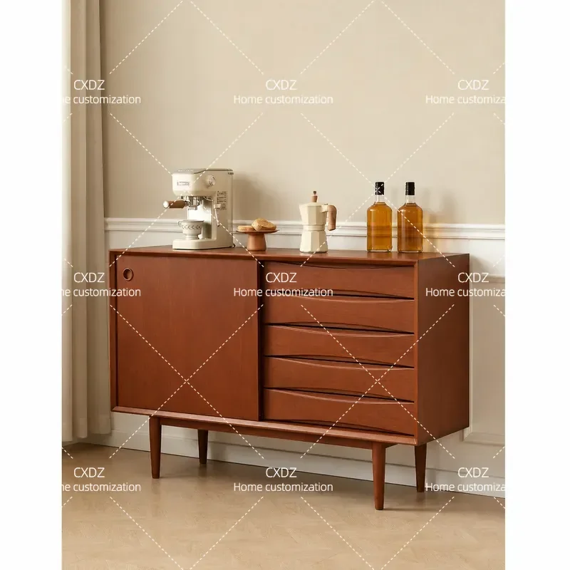 Nordic Retro Cherry Wood Side Cabinet with Sliding Doors Large Capacity Storage Unit Five Drawer Organizer for Living Room