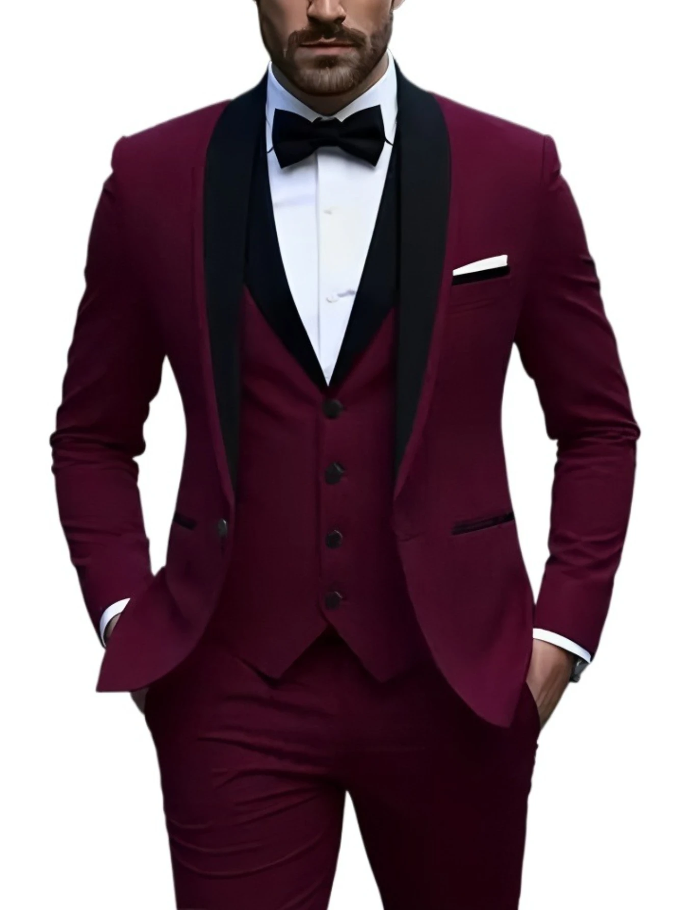 بدلة رجالي بفتحة بيضاء مكونة من 3 قطع شال أسود وطية صدر السترة بدلة العريس غير رسمية لحفلات الزفاف بدلات رجالية 2025 (سترة + سترة + بنطلون)