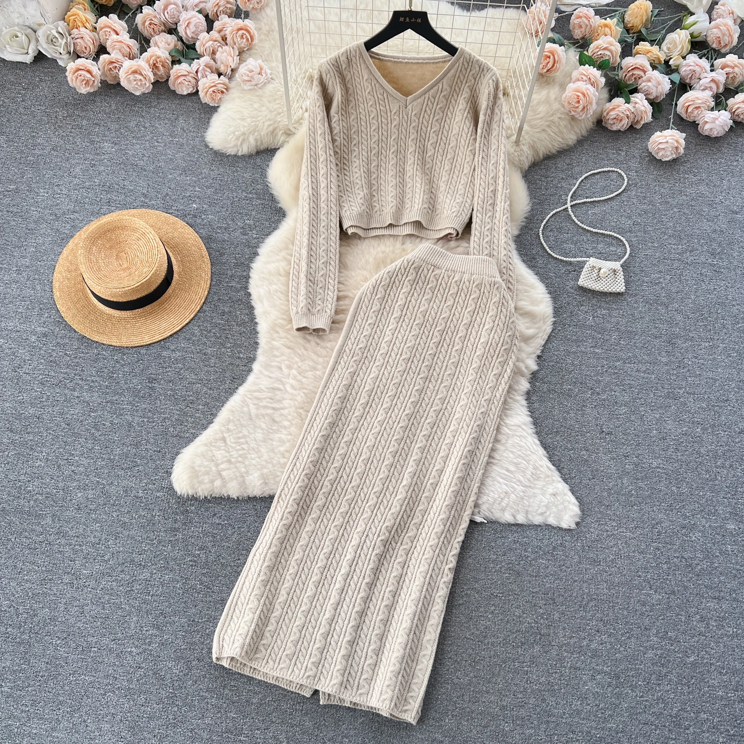 Autumn Winter Women Vintage Twisted Knitted Skirt Suits Fashion Short Pullover Sweater And Split Hem Long Skirt Two Piece Set