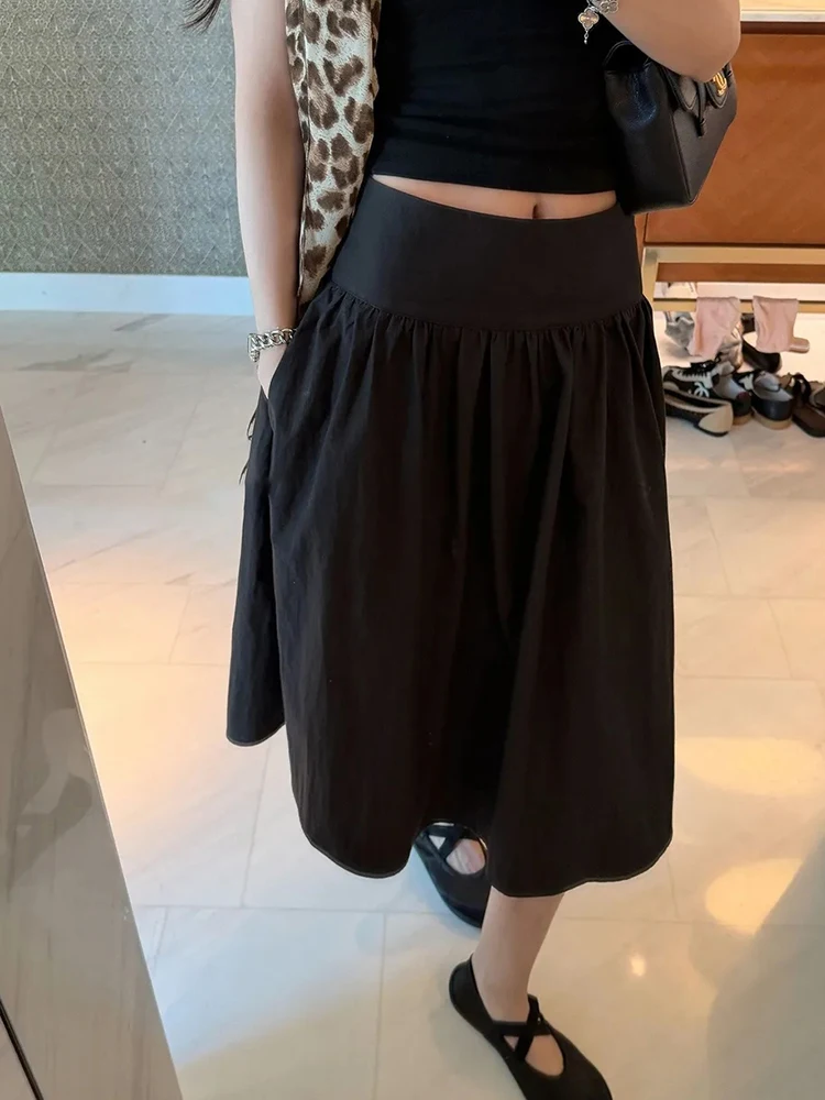 Preppy Casual Midi Skirt Women Summer Sweet A Line Beach Vacation Skirts Fashion Student Loose Simple High Waist Female Skirts