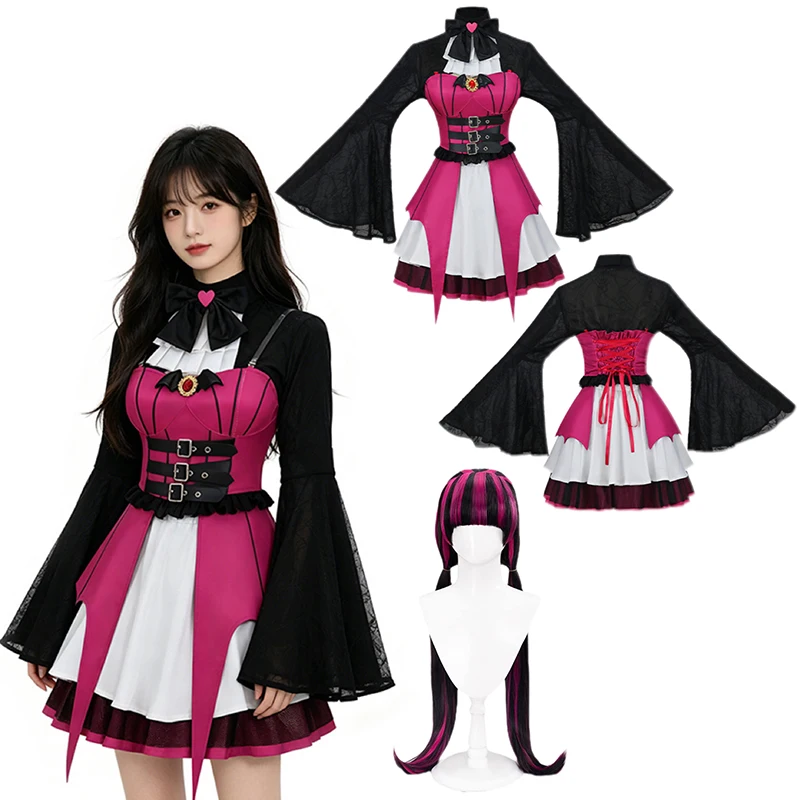 Vampire Draculaura Cosplay Costume Anime School Role Play Uniform Gothic Style Dress With Wig Suit Halloween Carnival Outfits