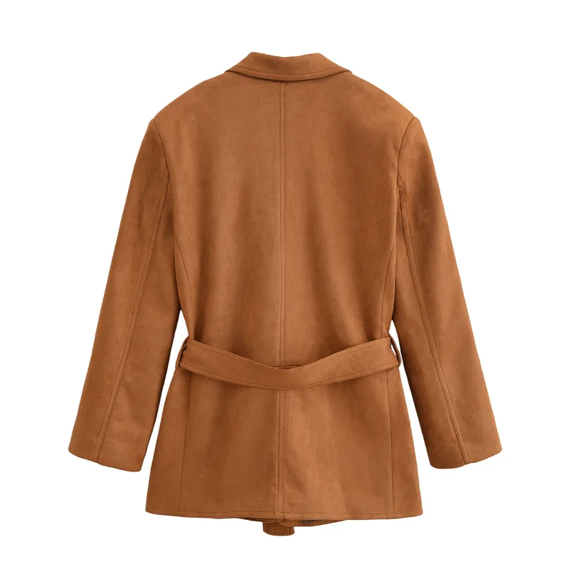 Women's Suede Jacket Solid Turn-Down Collar Long Sleeve Coats Waistbelt Pockets Female 2025 New Autumn Fashion Casual Outwears