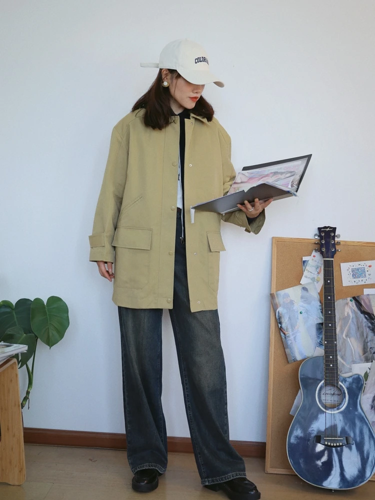 

Модная свободная женская куртка средней длины: новинка сезона весна-осень, японский стиль, повседневная, из смесового хлопка и нейлона