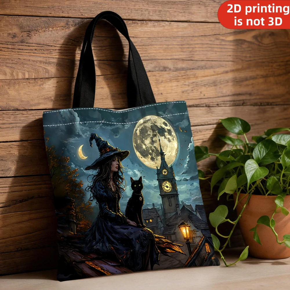 1Pc 2D Printing Tote Bag Witch Cat Moon Clock Tower Print For Subway Commute Shopping Travel Daily Use