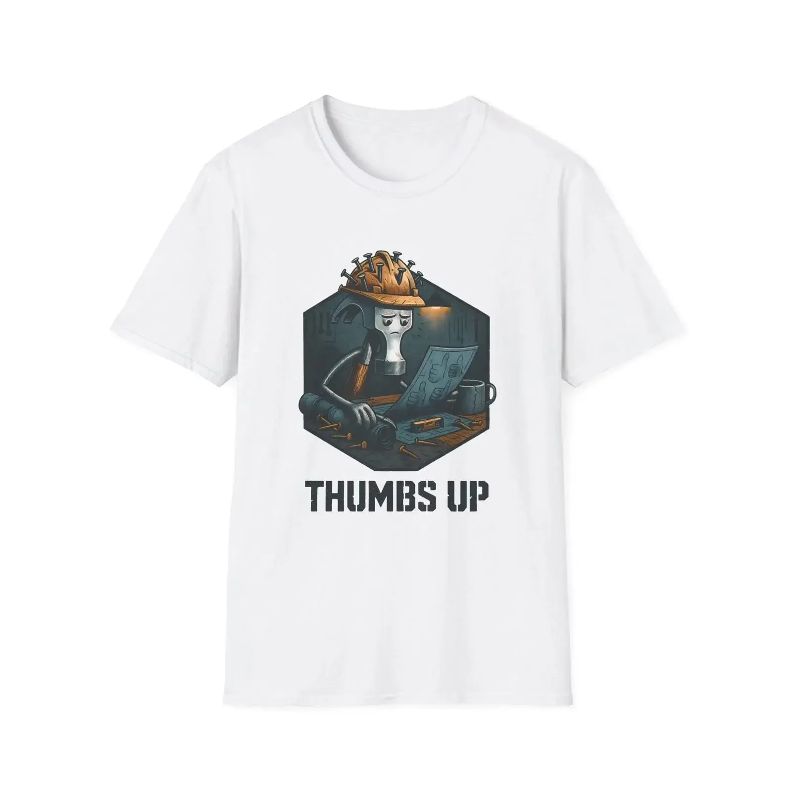 T-shirt Softstyle vintage délavé, coupe légèrement extensible, style streetwear, motif Hammer Construction Blueprint Thumb Worker