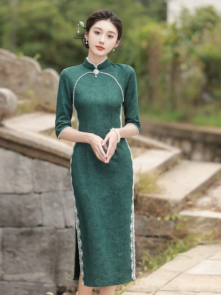 

Chinese Women Seven Points Sleeve Suede Cheongsam Elegant Mandarin Collar Beaded Lace Applique Qipao Dresses