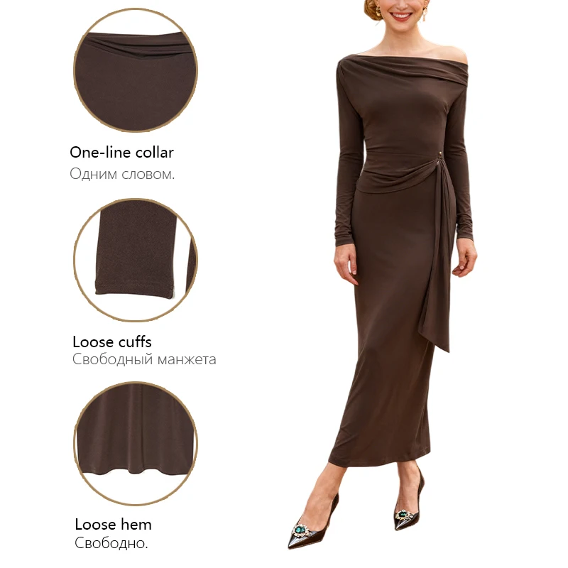 Winter nieuwe damesmode uit 2022, kraag met één lijn en losse manchetten aan de zoom maxi-jurk - elegant bruin.