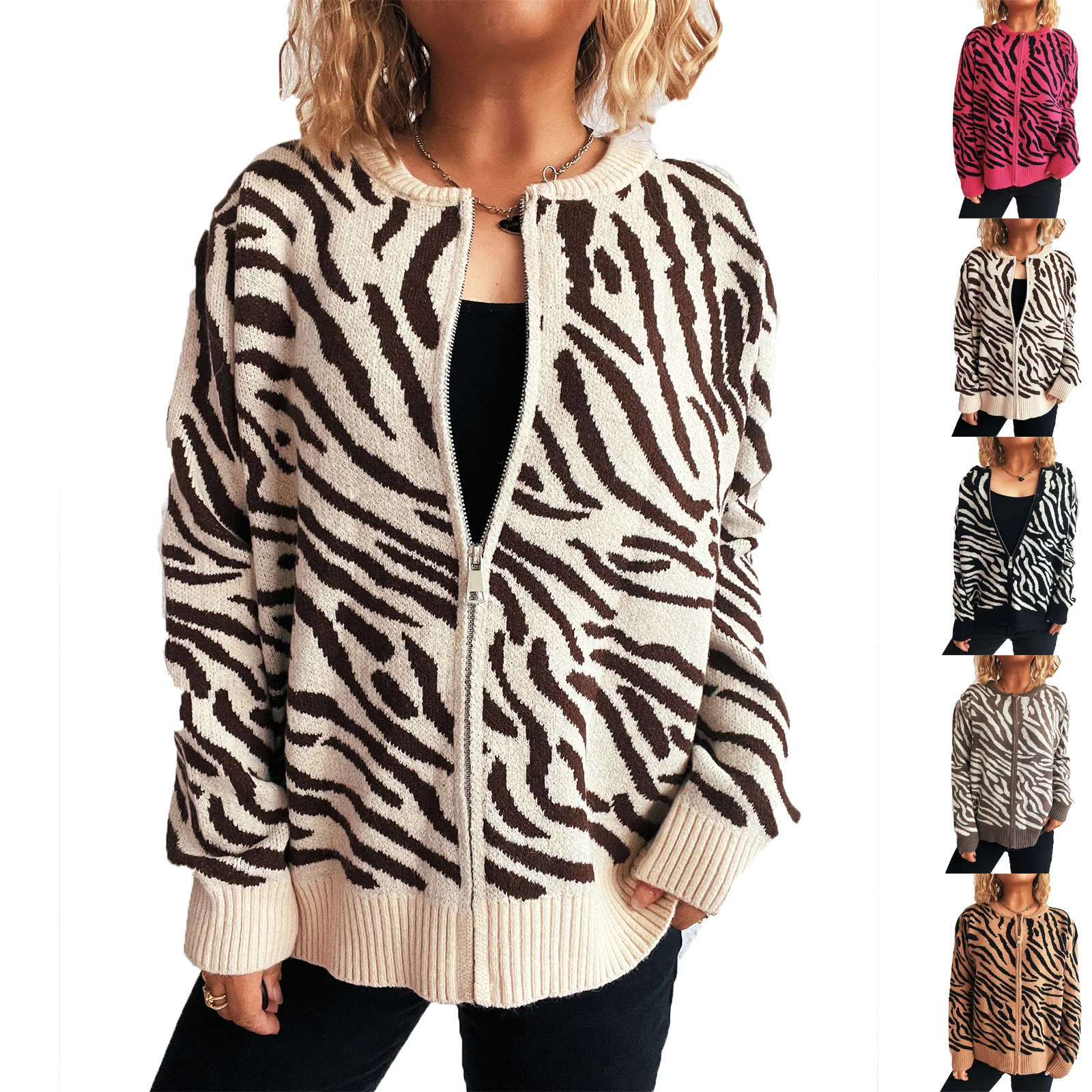 

Color Blocked Zebra Print Sweater Round Neck Knitted Cardigan Sweater Ladies' Casual And Fashionable Jacket Cardigan Sweater