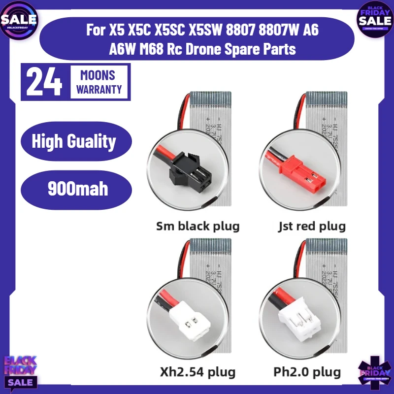 JST SM XH2.54 Plus 3.7V 900mah Rechargeable Battery for X5 X5C X5SC X5SW 8807 8807W A6 A6W M68 Rc Drone Spare Parts