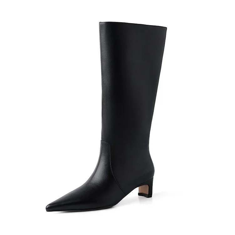 Arden Furtado 2024 Autumn Cowhide Knee high boots Pointed toe Pull-on Middle heel Modern boots Simple style Large size boots