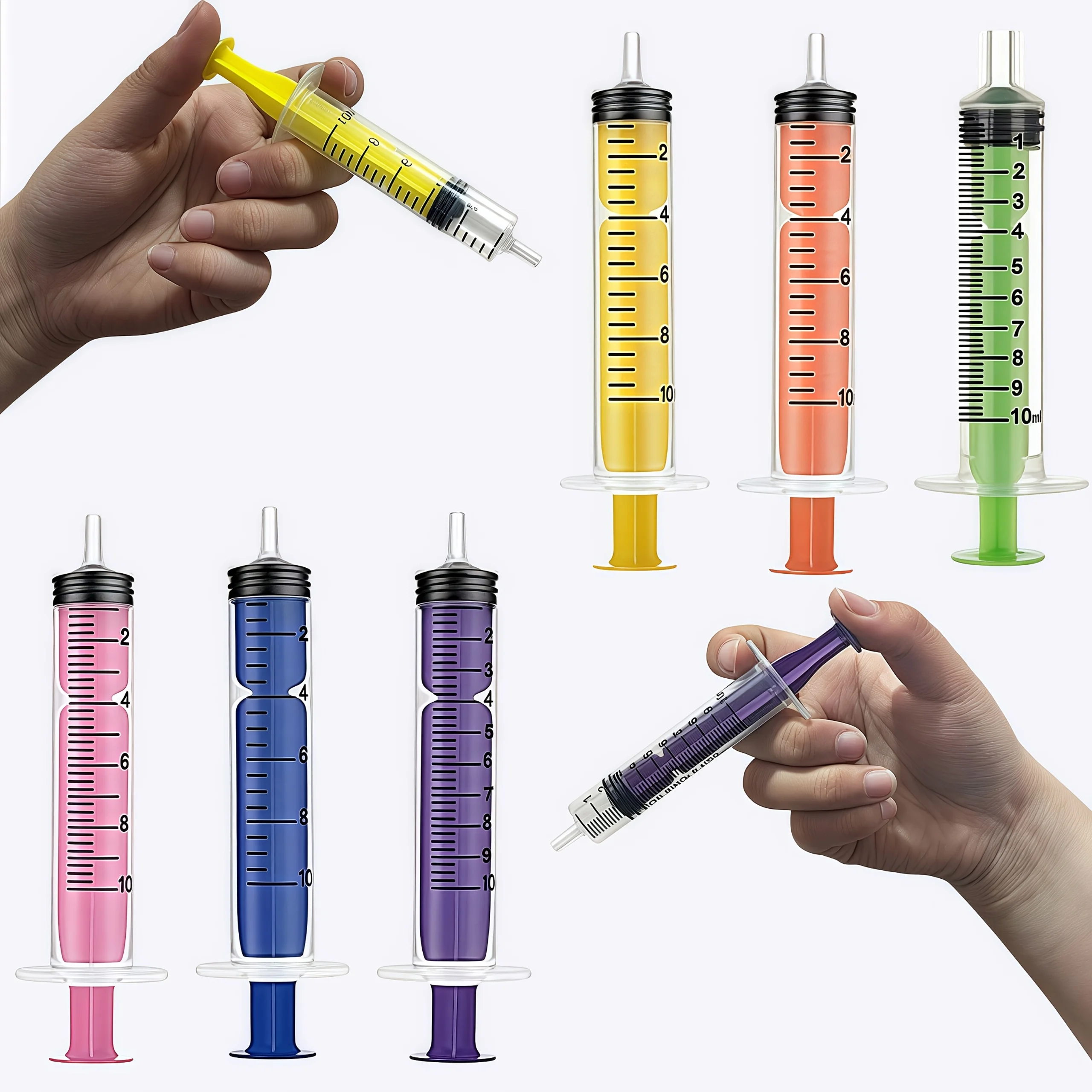 6 piezas de jeringa de colores de 10 ml con tapas, adecuada para pegamento, distribución y medición de líquidos, alimentación de alimentos para mascotas, recarga