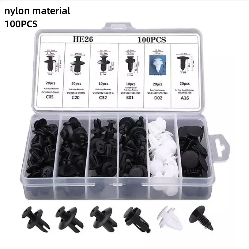 100pcs Auto Fastener Clip Kit Car Body Push Retainer Pins Fender Rivet Clips Bumper Door Trim Panel Retainer for Vehicle Repair