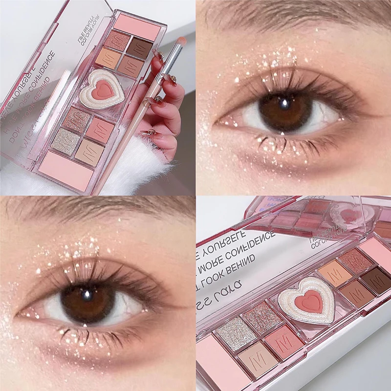 Paleta da sombra rosa do coração do amor, composição delicada do olho, brilho natural, baixa saturação, cosméticos da beleza, 12 cores