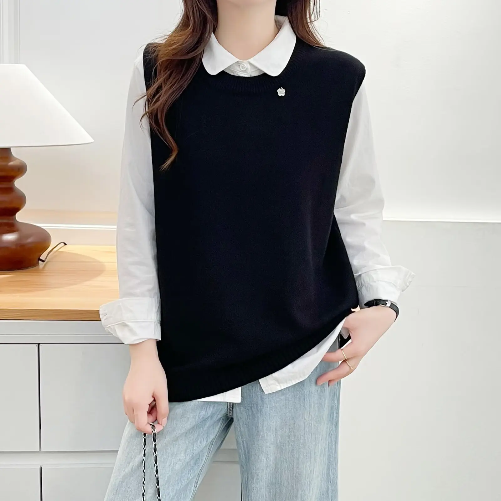 

Модные женские свитера больших размеров, жилеты, осенний новый стиль, элегантные и простые вязаные джемперы с круглым вырезом и подвеской для поездок на работу