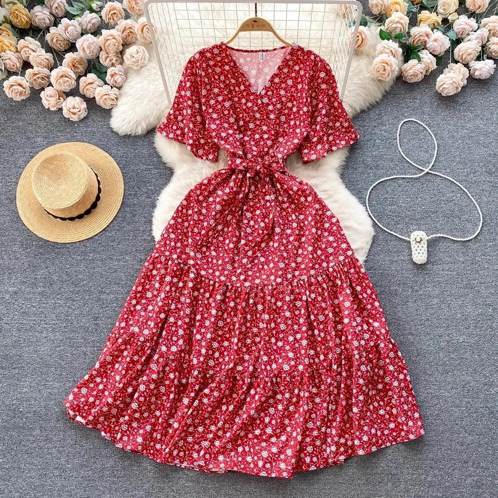 

YuooMuoo Chic Fashion Vintage Floral Print Women Dress Elegant V-neck Belted Maxi Summer Dress Korean Vacation Beach Vestidos