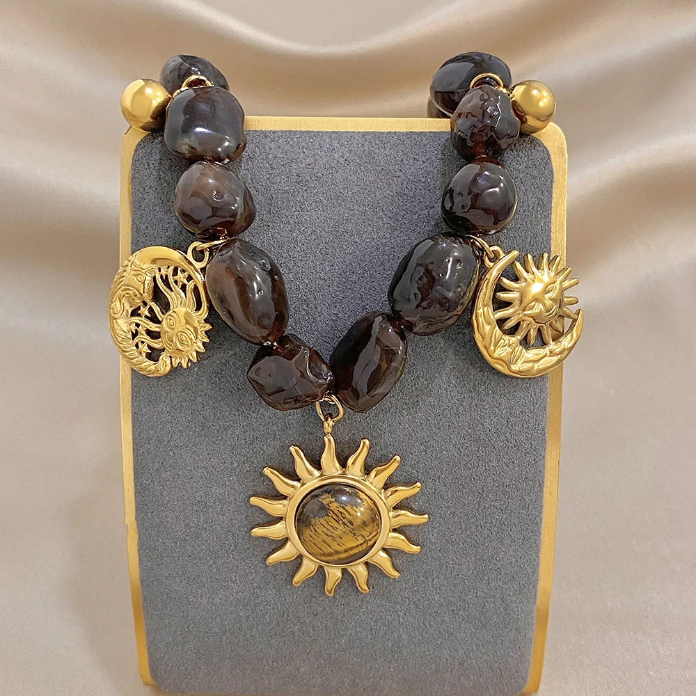 Irregular Natural Stone Stainless Steel Bracelet for Women Men Vintage Gold Color Sun Totem Charms Bracelets Jewelry Gifts