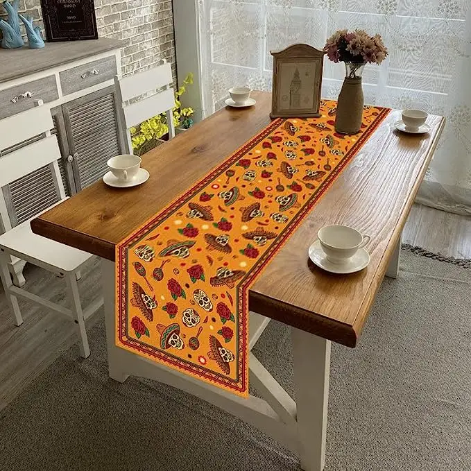 Mexican Day of The Dead Linen Table Runner Dia De Los Muertos Sugar Skull Table Runners for Dining Table Halloween Decorations