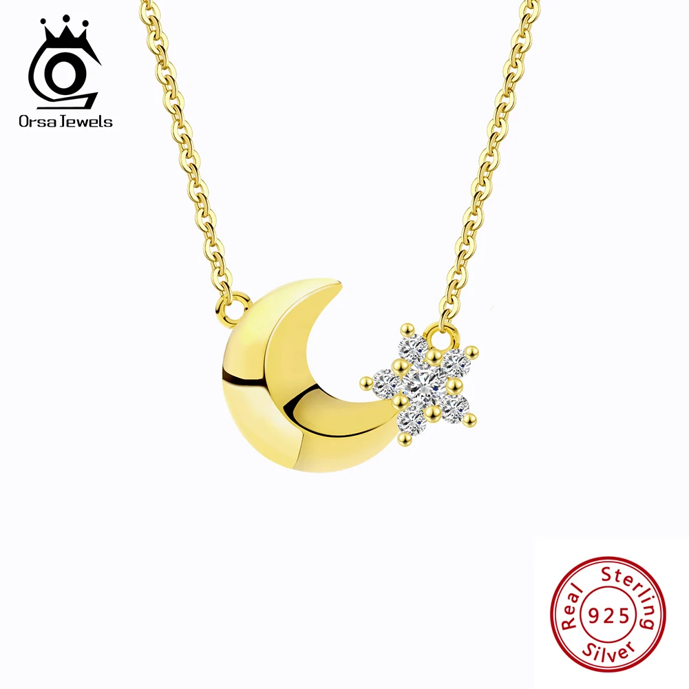 

ORSA JEWELS New Design 925 Sterling Silver Moon&Star Pendant Necklace for Women Fashion Anniversary Necklace Jewelry Gift APN31