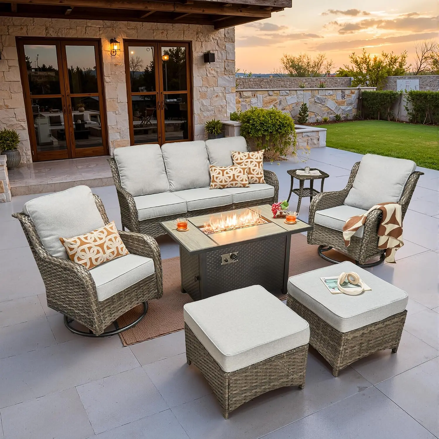 7-Piece Wicker Patio Set with Swivel Chairs, Fire Pit Table, High Back Sofa, Grey Rattan, Customized