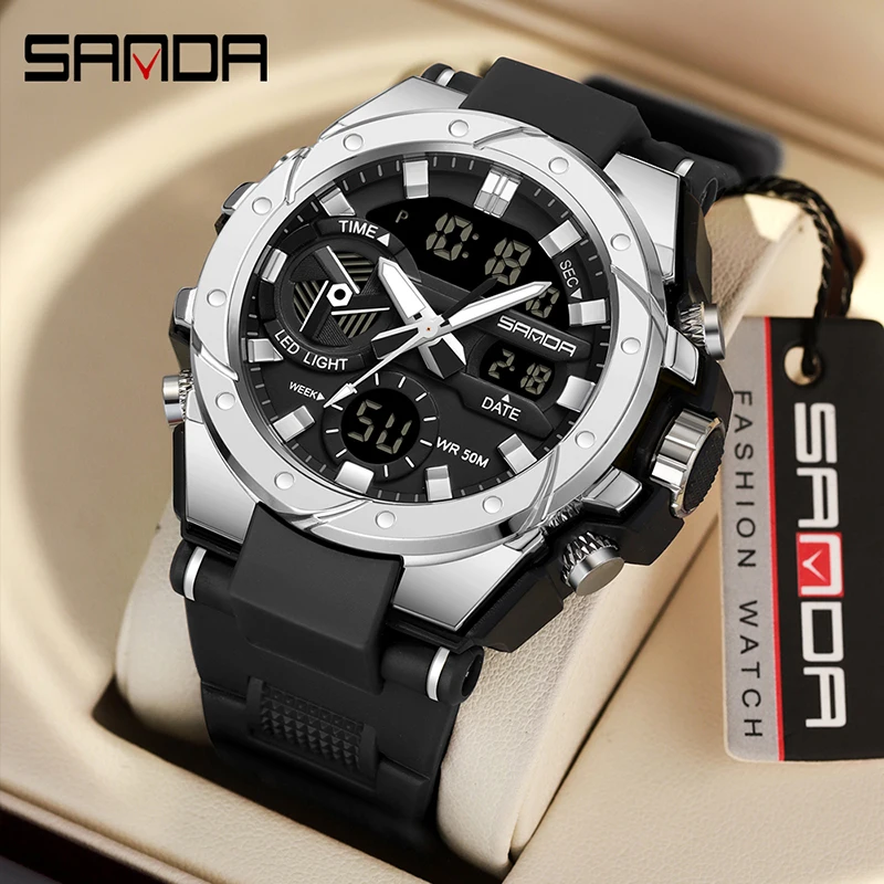 SANDA Top Brand Men Sports Electronic Watch Outdoor Military G Style LED Dual Display Digital Wristwatch 50M Waterproof Luminous