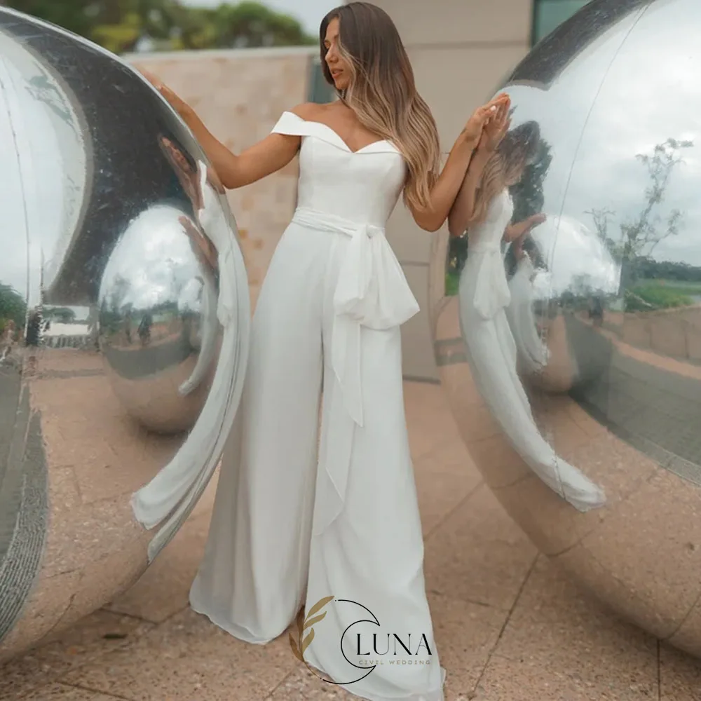 Luna Boho Off the Shoulder Civil Wedding Jumpsuit Customized Bridal Gown Vestido De Novia Simple Evening Gown Women for Party