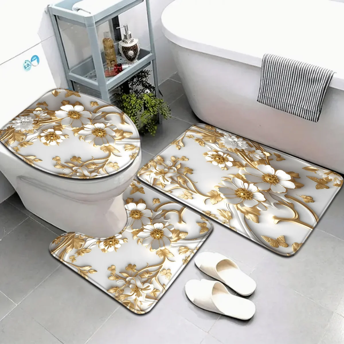 

Набор ковриков для ванной комнаты Golden Daisy из 3 предметов — нескользящие, устойчивые к выцветанию полиэстеровые коврики для туалетов, ванн и душа