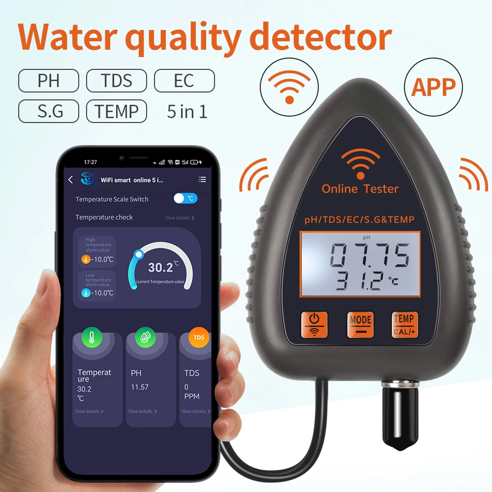 

Tuya WiFi 5 in 1 TDS/EC/SALT/S.G./TEMP PH Meter Bluetooth APP Online Water Quality Monitor for Pool Aquarium Aquaculture