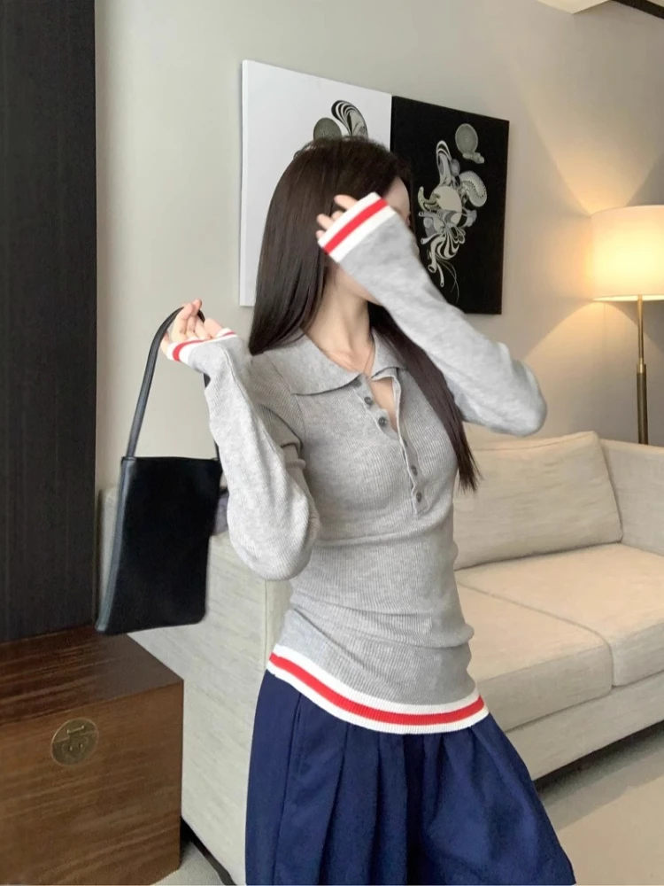 

Autumn Vintage Patchwork Slim Fit Sweaters Harajuku Turn Down Collar Grunge Jumpers Streetwear Knitted Women Button Pullovers