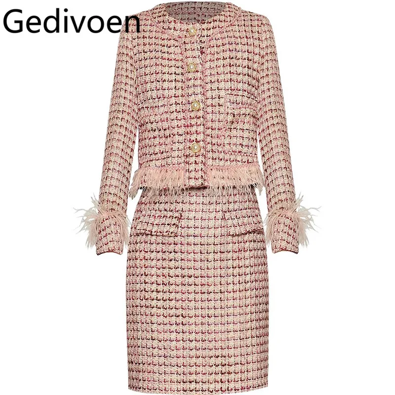 Gedivoen Autumn and Winter Women's Suit Long Sleeved feathers Single-breasted Top+Slim-Fit Hip Wrap skirt Pink Plaid 2 piece set