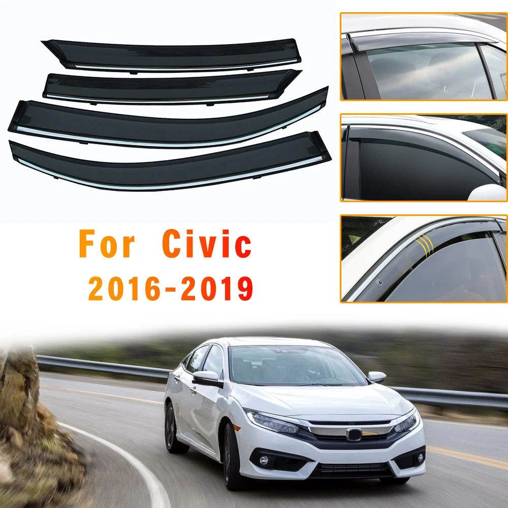 For Honda Civic Sedan 2016 2017 2018 2019  Window Sun Rain Visor Deflector Guard Car Styling Auto Accessories 4pcs ABS Awnings