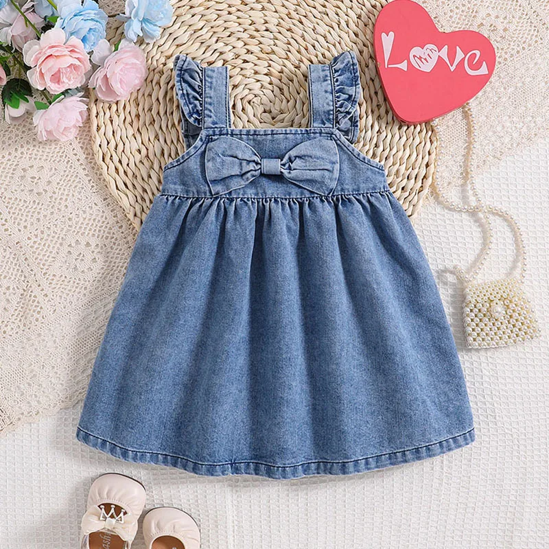 2024 New Summer Girl\'s Denim Suspenders Dress Kid\'s Sweet Bow Flying Sleeve Princess Dresses Children Outwear Clothes