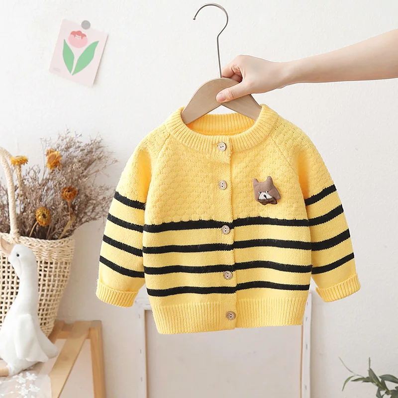 Autumn Children Boy Sweater Coat Cartoon Bear Long Sleeve Striped Infant Baby Boy Cardigan Knitwear Little Boys Open Stitch Coat