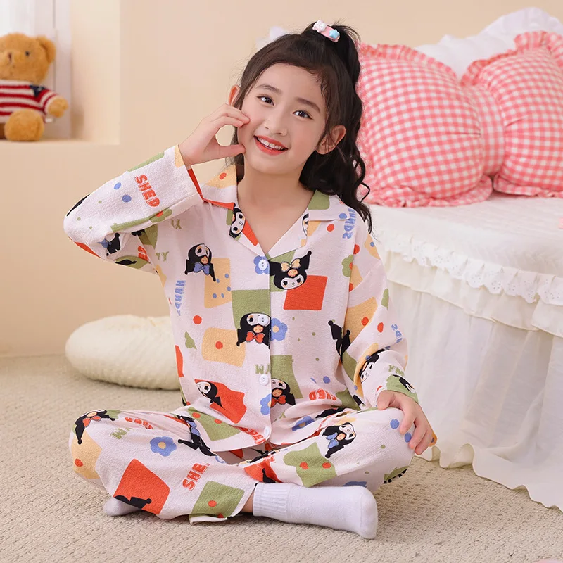 

Детские пижамы Sanrios с героями мультфильмов Kuromi Melody Kawaii, кардиган для девочек, весенне-осенние штаны с длинными рукавами, домашняя одежда с принтом, 2 шт., аниме