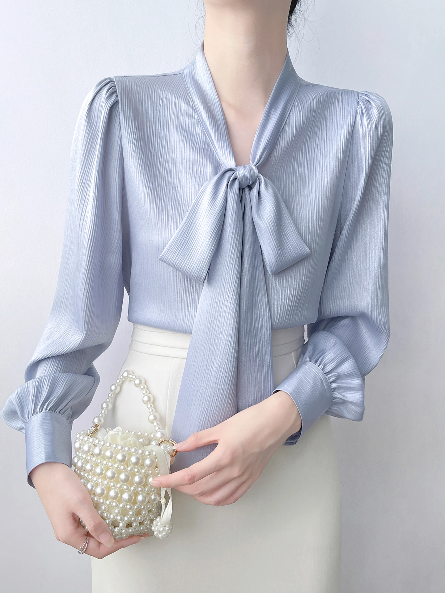 

Blue Silk Satin Drapey Long Sleeve Women's Shirt with Knot Loose Fit Bubble Sleeve Commute Style Fashion Korean Ver...