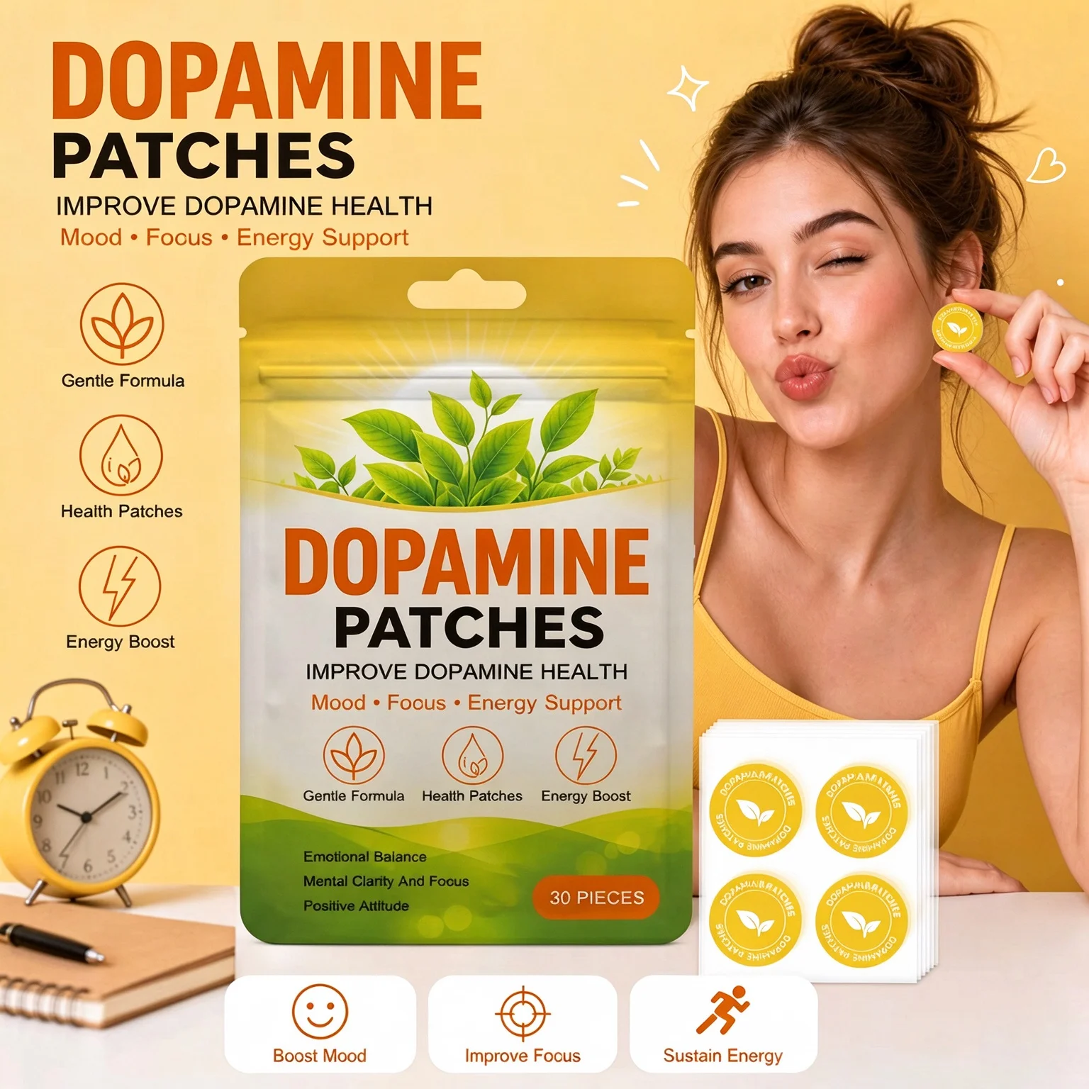 Dopamine Patches Natural Mood Focus Energy Support Gentle Skin Friendly Transdermal for Emotional Balance Mental Clarity 30Pcs