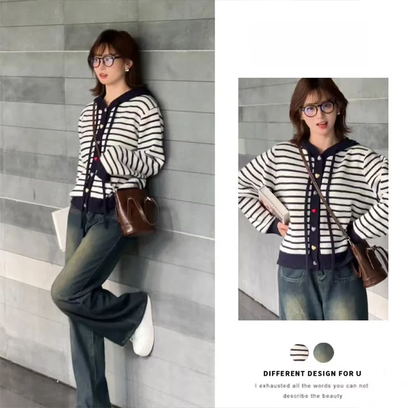 

Корейский вязаный кардиган в полоску с капюшоном и свободные джинсы с широкими штанинами, комплект из двух предметов, осенне-зимняя модная верхняя одежда