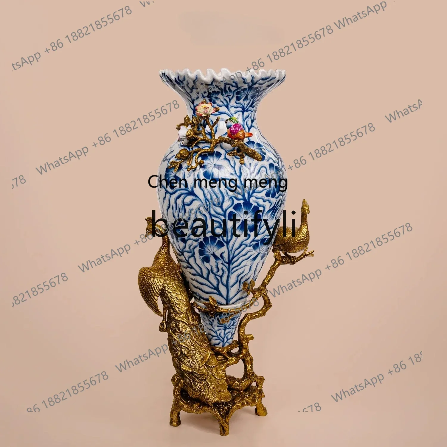 

X GG New Copper and Ceramic Vintage Soft Decoration Blue and White Porcelain Vase Stand Living Room Entrance Ornament