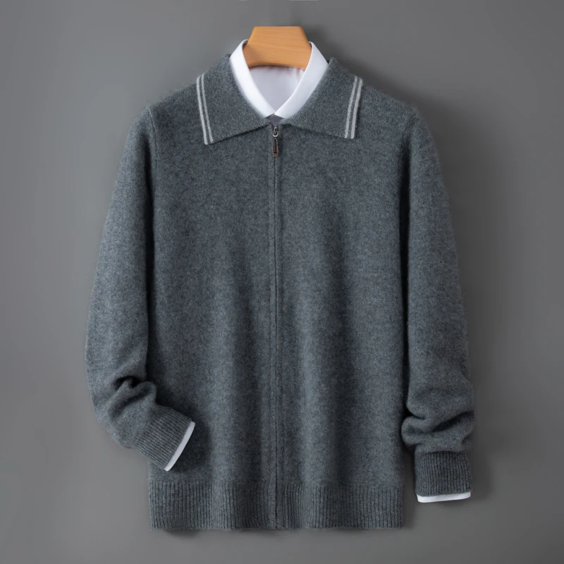 Autumn And Winter 100% Pure Wool Cardigan, Men'S Color-Blocked Zip-Up Top, Knitted Outerwear, Casual Loose-Fit Sweater
