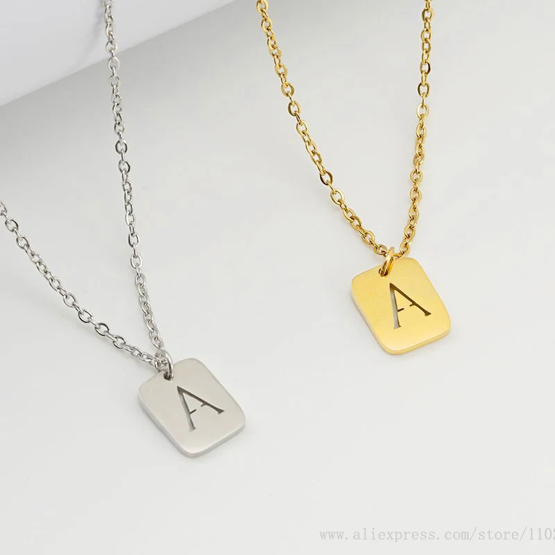 Luxury Stainless Steel Gold Plated Square Shape Hollow Out A-Z Letter Necklace For Women 10pcs/ Bag