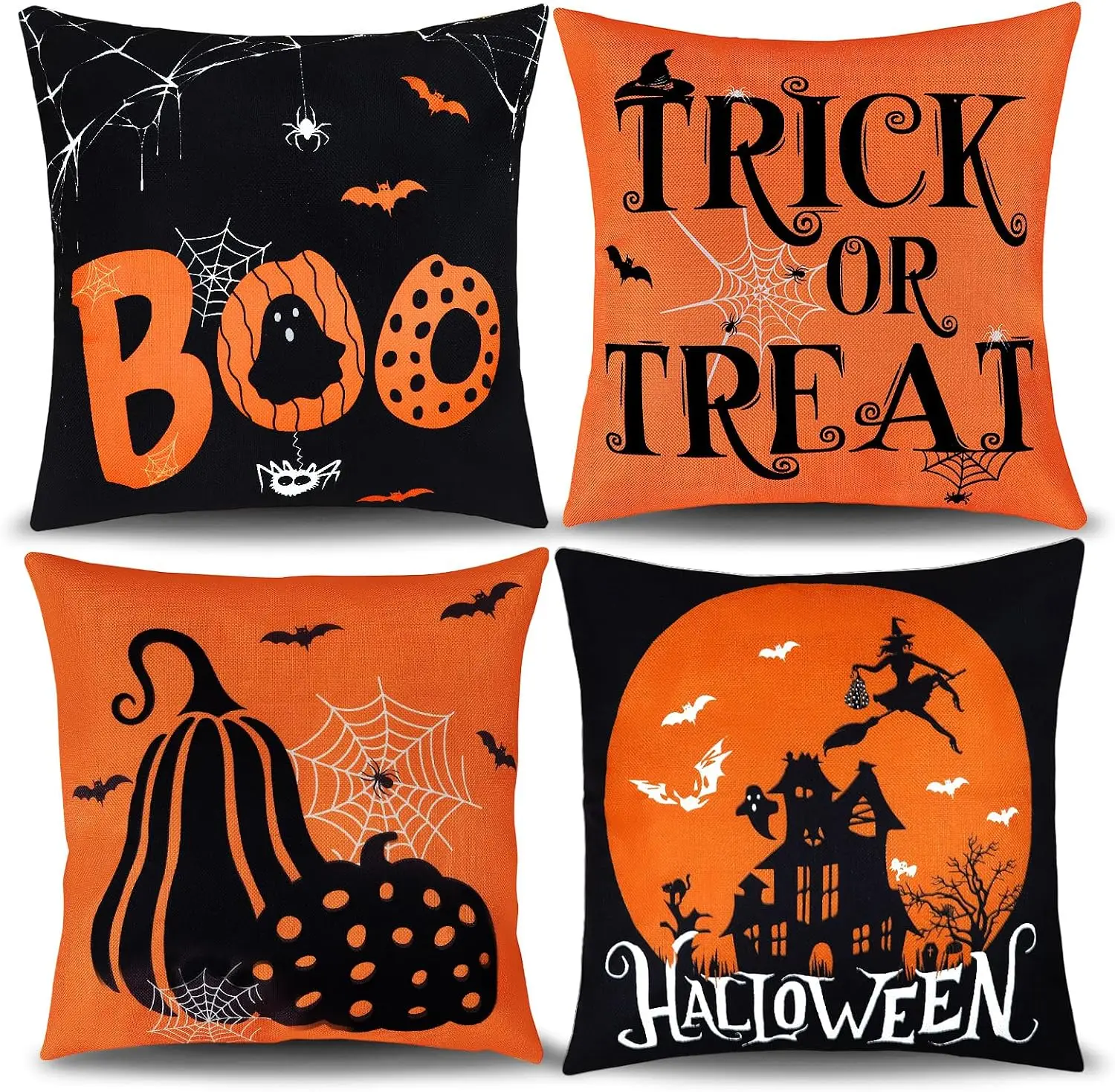 4 Piece Halloween Throw Pillow Covers Set Spooky Trick or Treat Pumpkin Haunted House Decor Polyester Accent Cushion Home Decor