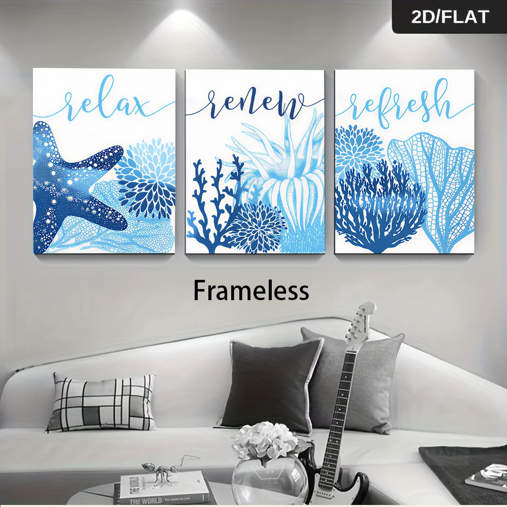 1 set of modern minimalist blue ocean starfish coral triple living room sofa background frameless decorative painting 2D plan