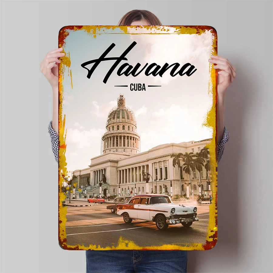 Гавана Куба винтажный автомобиль Capitol Building металлический настенный художественный домашний декор живописный плакат