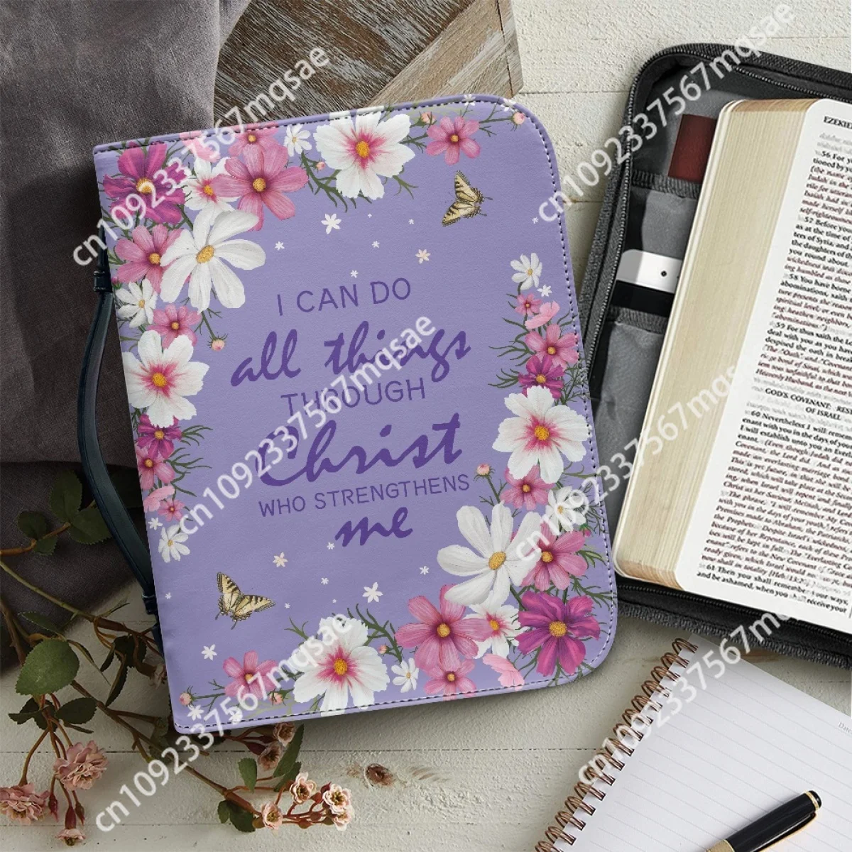 

Pretty Floral Bible Verse Print Women Holy Bible Bag PU Leather Christian Bags Exquisite Customiz Gift Study Book Storage Boxes