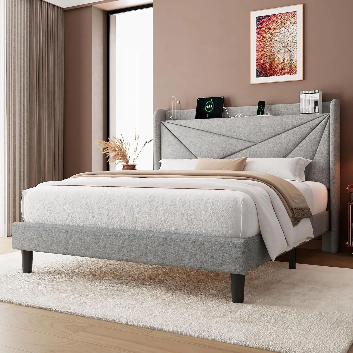 Bed Frame with Charging Station, Platform Upholstered Bed, Linen Geometric Storage Headboard