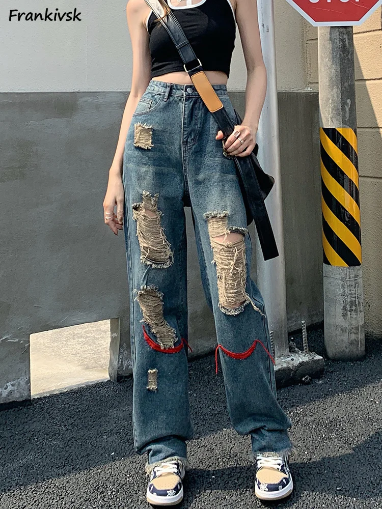 Frayed Hole Jeans Women European Style Retro Loose Washed High Street Moto Unisex Wide Leg Asymmetrical Full Length Leisure 2023