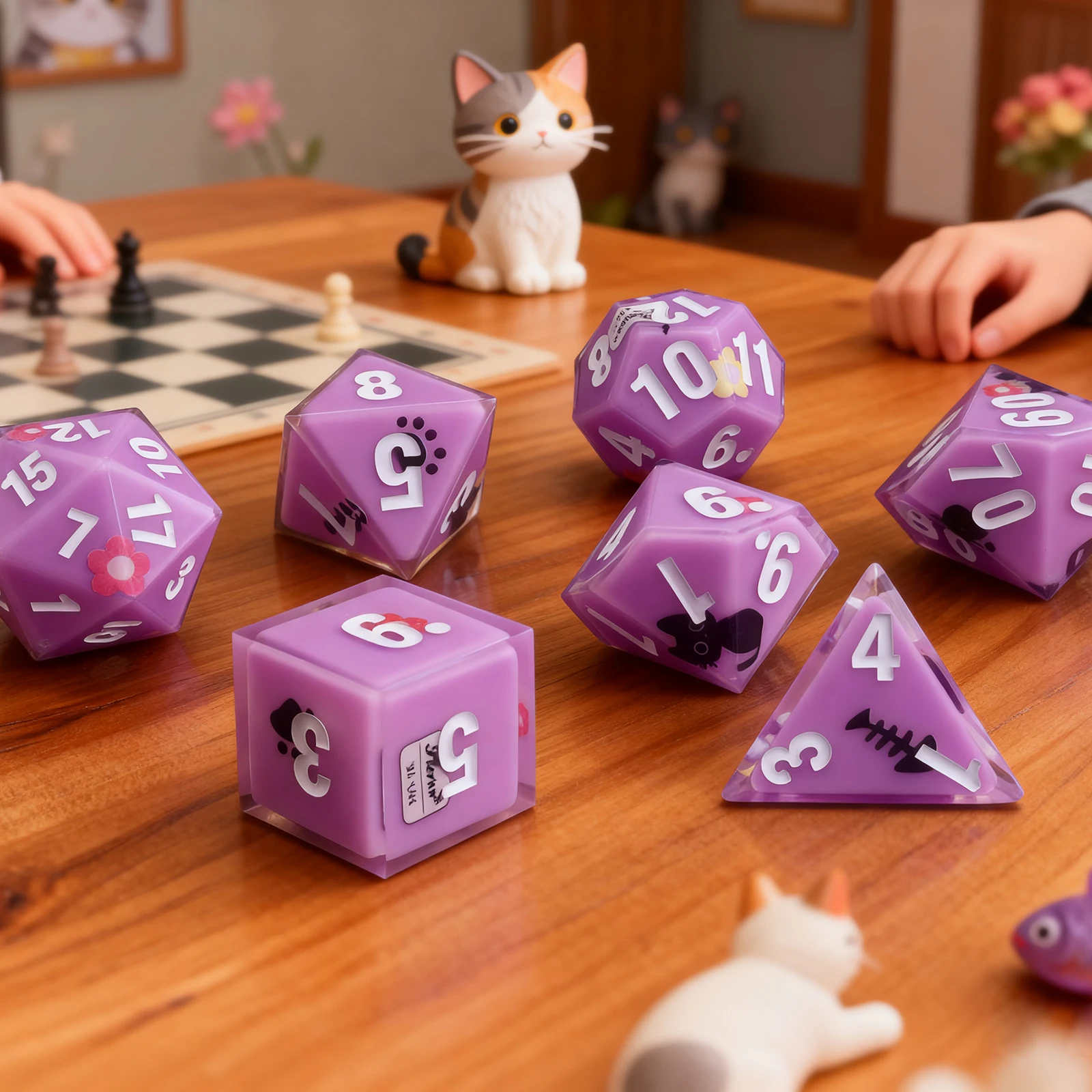 7-Piece Solid Purple Resin Polyhedral Dice Set with Black Kitten Patterns for Family Outdoor Gatherings And Various Games